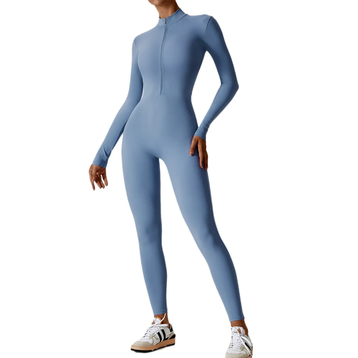 Fashionable solid color zippered jumpsuit with long sleeves for yoga, high-intensity fitness and sports jumpsuit