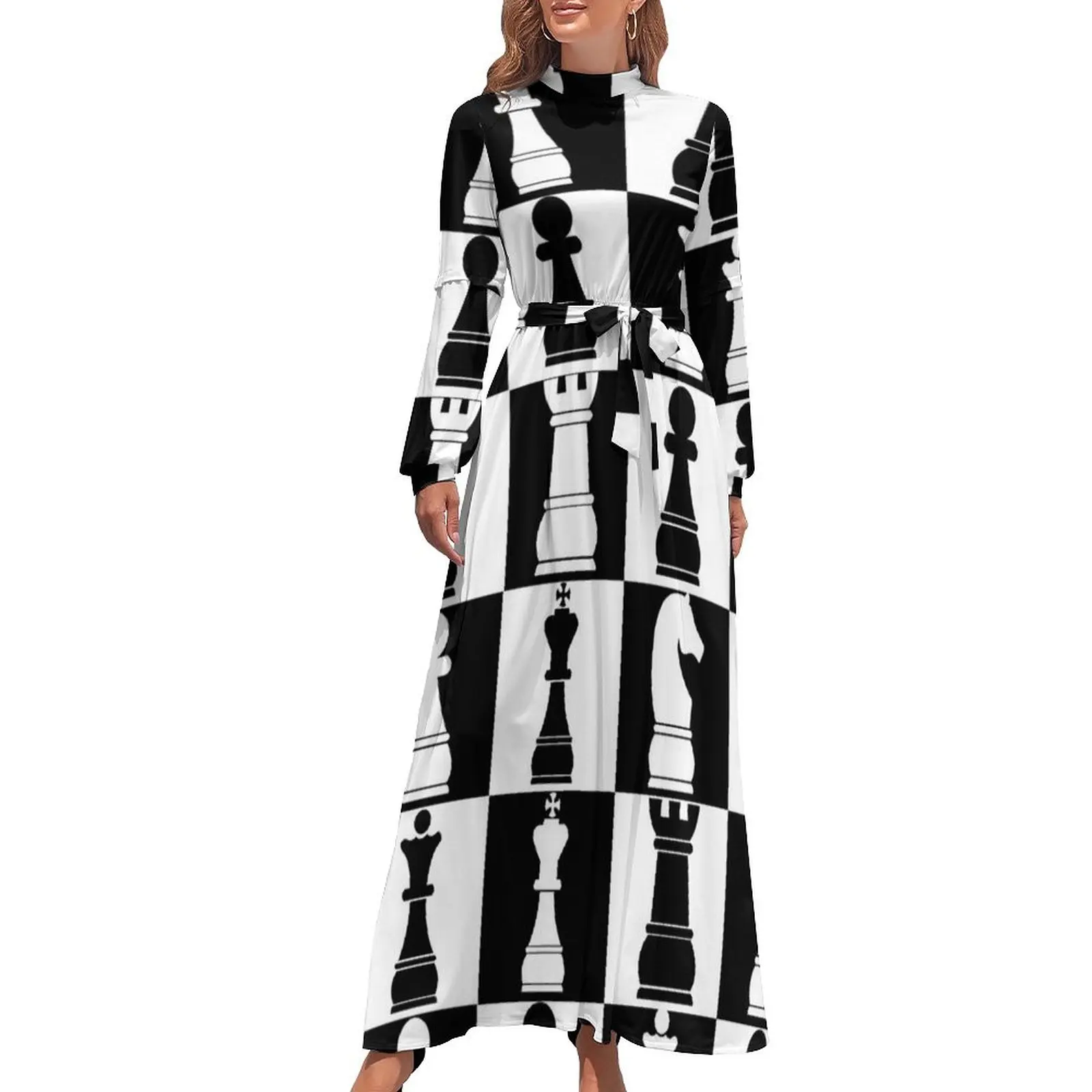 thumbnail image 1 of Vestido largo con estampado de tablero de ajedrez en blanco y negro, vestido de verano para mujer 2024, vestidos de manga larga, vestidos sueltos elegantes para mujer, 1 of 5
