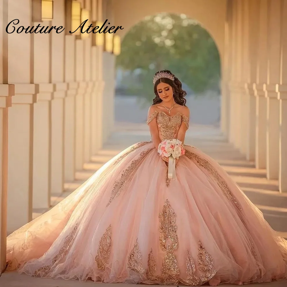 Pink Quinceanera Dresses Sweetheart Off Shoulder Princess Sweet 16 Years Old Birthday Prom Party Gown Backless Customized