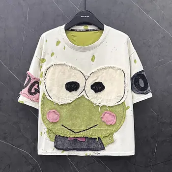 حجم كبير 1XL-4XL المرأة الكرتون المرقعة تي شيرت الصيف موضة المتضخم قمة فضفاضة القطن طاقم الرقبة عادية المرأة تي شيرت 4