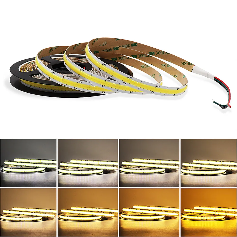 

12V 24V CCT LED Strip Light COB Dimmable LED Strip 2700K to 6500K Color Temperature Dimmer Strip Light 5mm 10mm For Room Decor