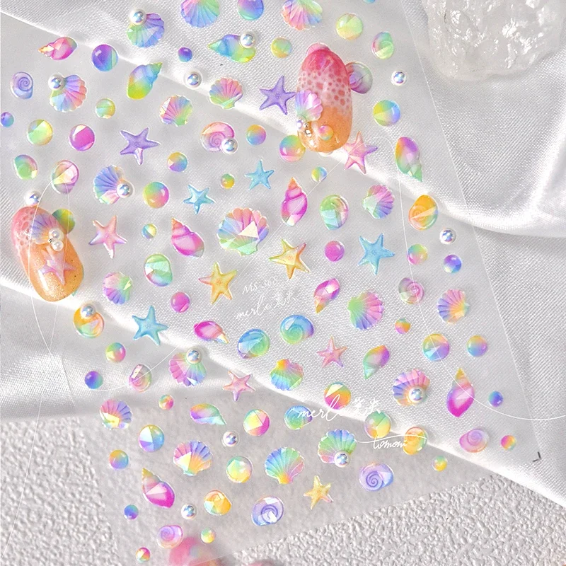 Fantasy Beach Summer Dreamy Colorful Seasnail Shell Pearl Conch Jelly Star 5D Decals Soft Relief 3D Decoration Nail Art Stickers 2