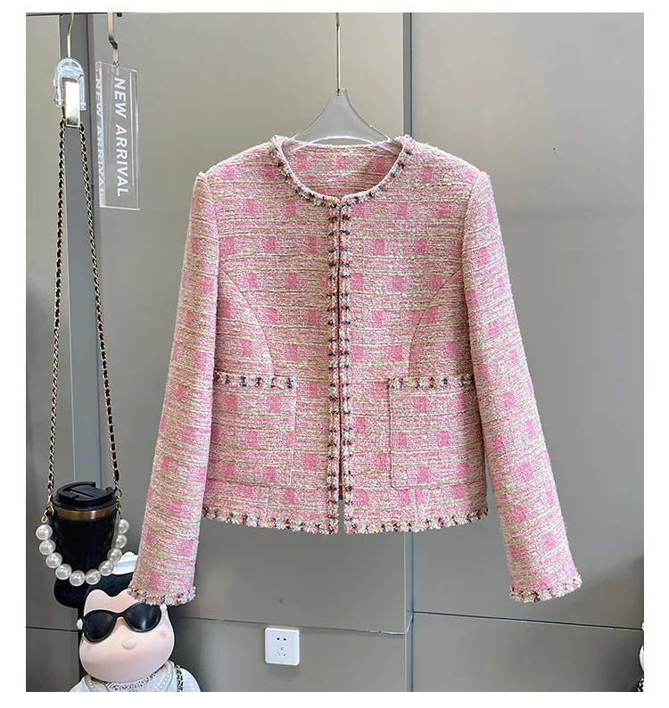 2023 Spring Autumn France Style Women's High Quality Pink Plaid Pockets Tweed Jackets Coat B736 earrings gradient glitter plaid water drop earrings in pink size one size