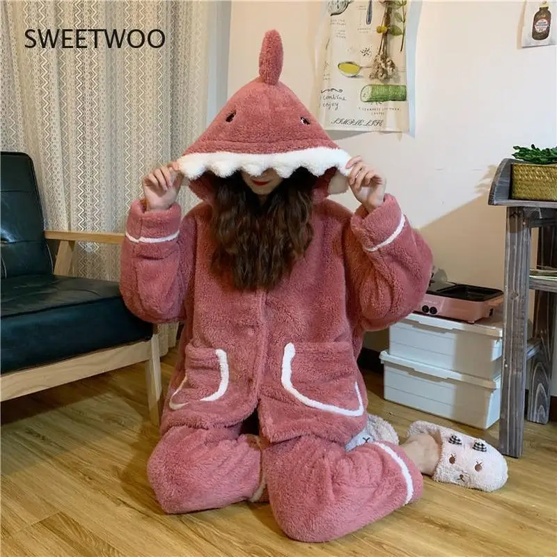 Shark Women Pajamas Flannel Hooded Sleepwear Kawaii Pijama Female Set with Pants Cute Pyjamas Halloween Party Loungewear