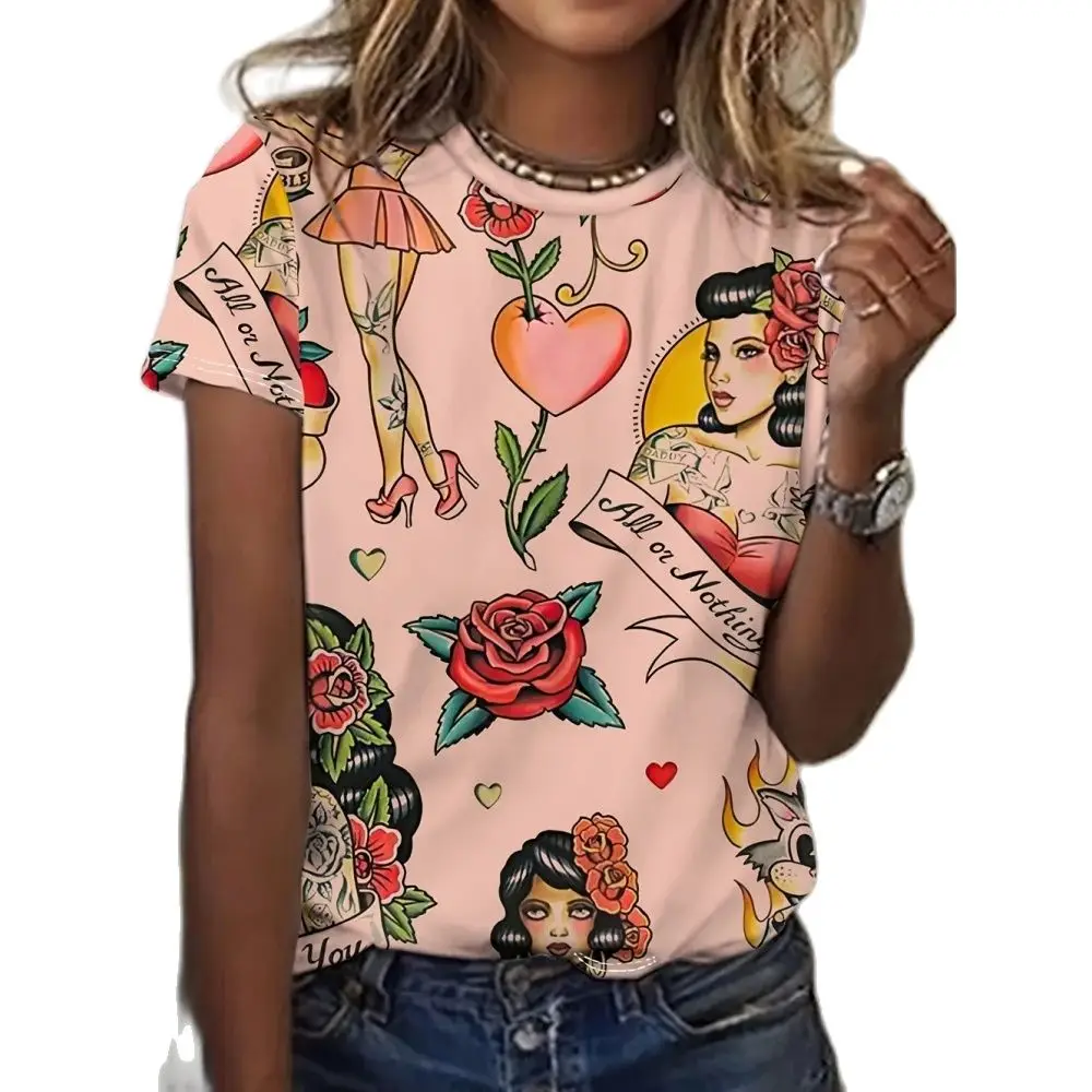 

Women's T-Shirts Cartoon Characters 3d Print Rose T-Shirt Harajuku Casual Short Sleeve Top Tee O Neck Oversized Female Clothing
