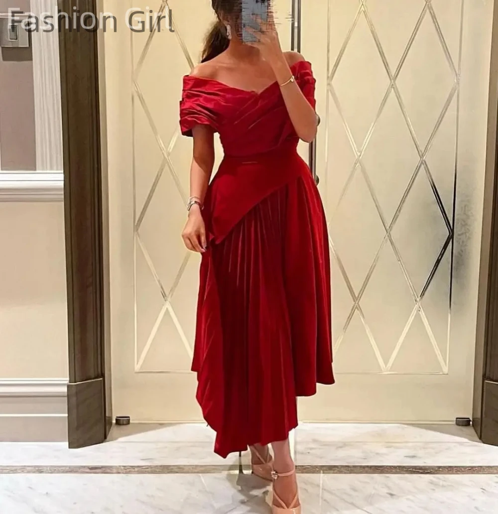 

Red Off Shoulder Women‘s Evening Dresses Sleeveless Pleated A-Line Ankle-length Prom Dress Formal Occasion Party Dresses Robes