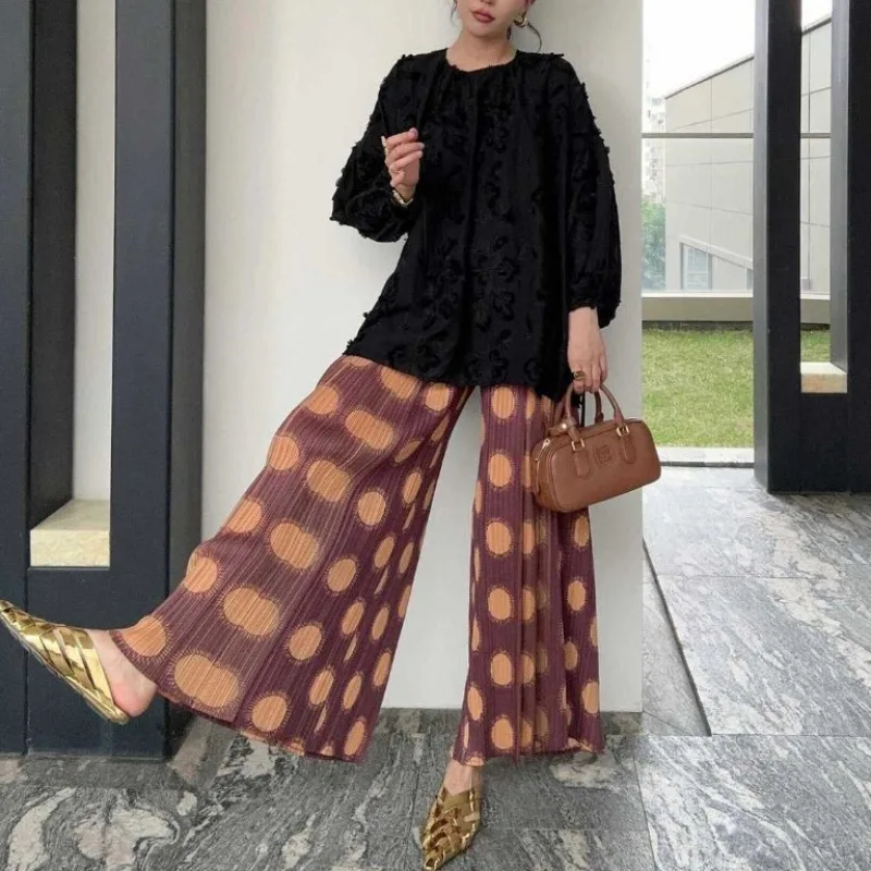 Women's Summer New Retro Minimalist Commute Elastic High-waisted Printed Tie Dye Leopard Ruched Straight Loose Wide Leg Pants