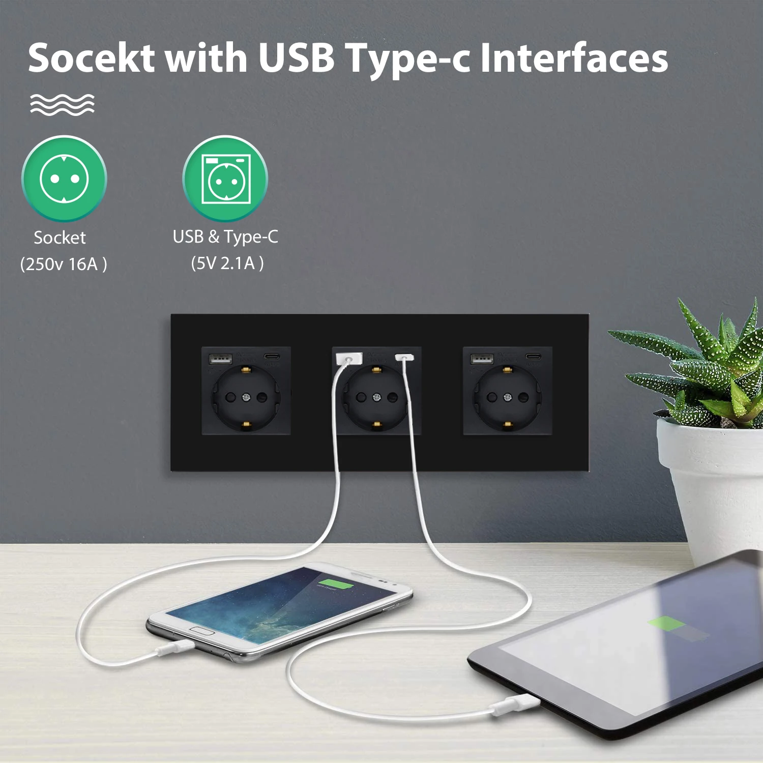 BSEED Triple Enchufe de pared USB(Max. 2.1A) con Tipo C Port,Blanco Schuko  Enchufe,toma de corriente con 2 x cargadores USB y Tipo C adecuado para  Smartphone MP3 Tablet,para Cocina, Dormitorio : .es