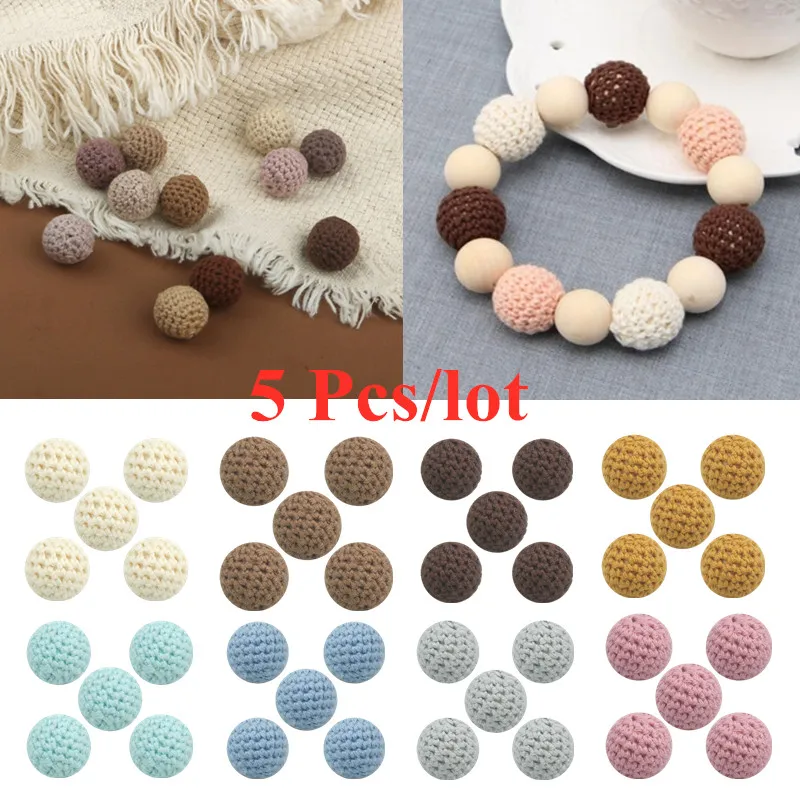 5 Pcs Woolen Crochet Beads Baby Nursing Teething Beads for DIY Baby Pacifier Clip Chain Accessories Nipple Holder Clips Decor bopoobo 10pc baby nursing teething crochet beads chewable beads diy jewelry nursing accessories gehaakte toy baby teether 16mm