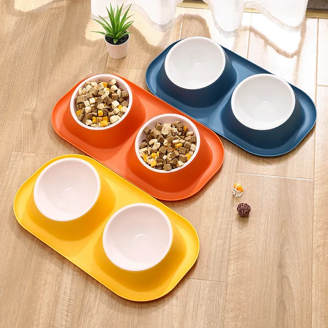 1pc Stainless Steel Double Cat Dog Bowl Cat Food Container Non-slip Base Pet Water Feeder Tilt Safeguard Neck Puppy Cats Bowls 4
