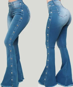 New Arrival Womens Fashion Skinny Flare Pants Washed Jeans Denim Pants Butt Lift Vintage Jeans Ladies Casual High Waist Trousers