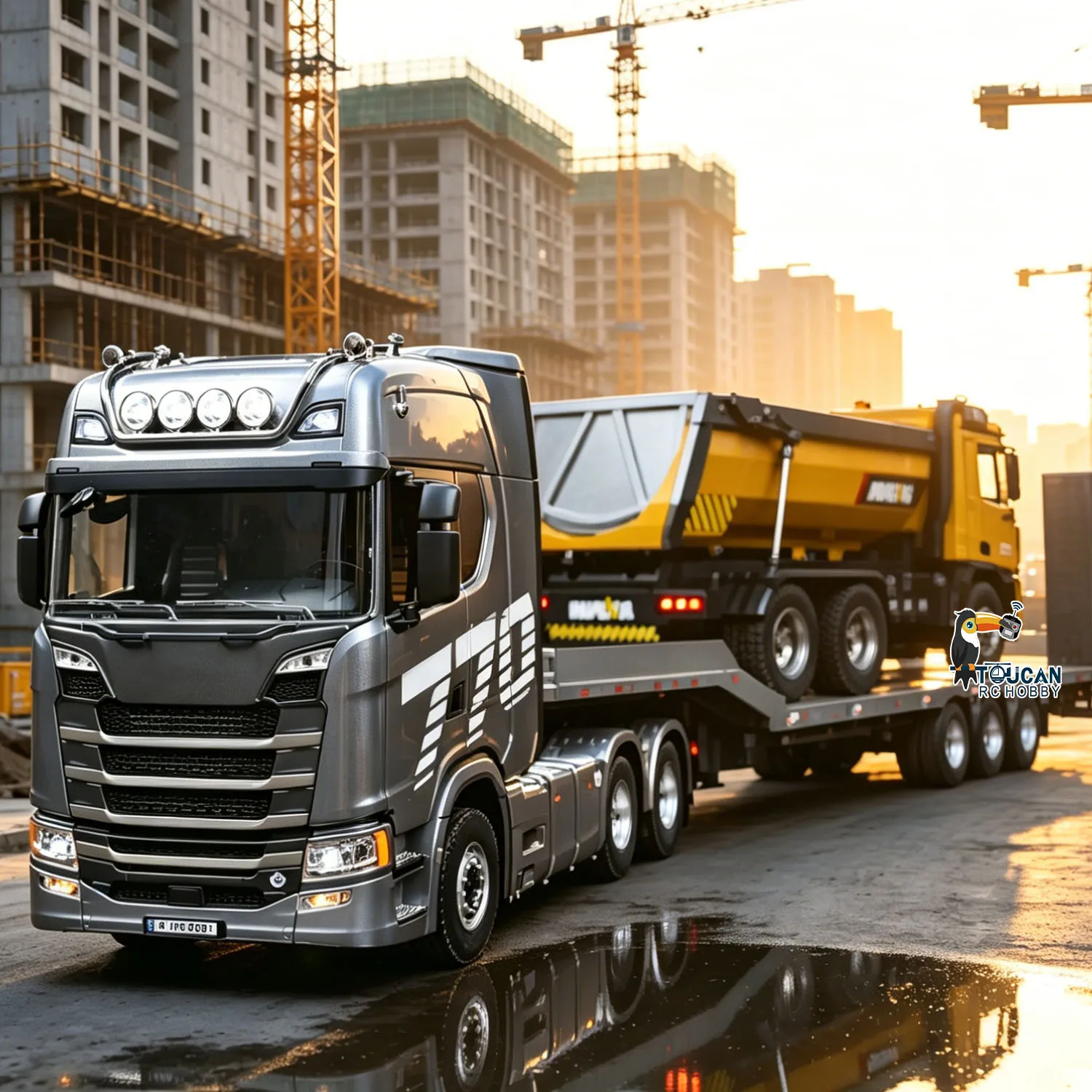 Camion tracteur RC 770S 1/18 avec semi-remorque plateau 3 essieux, système éclairage RTR