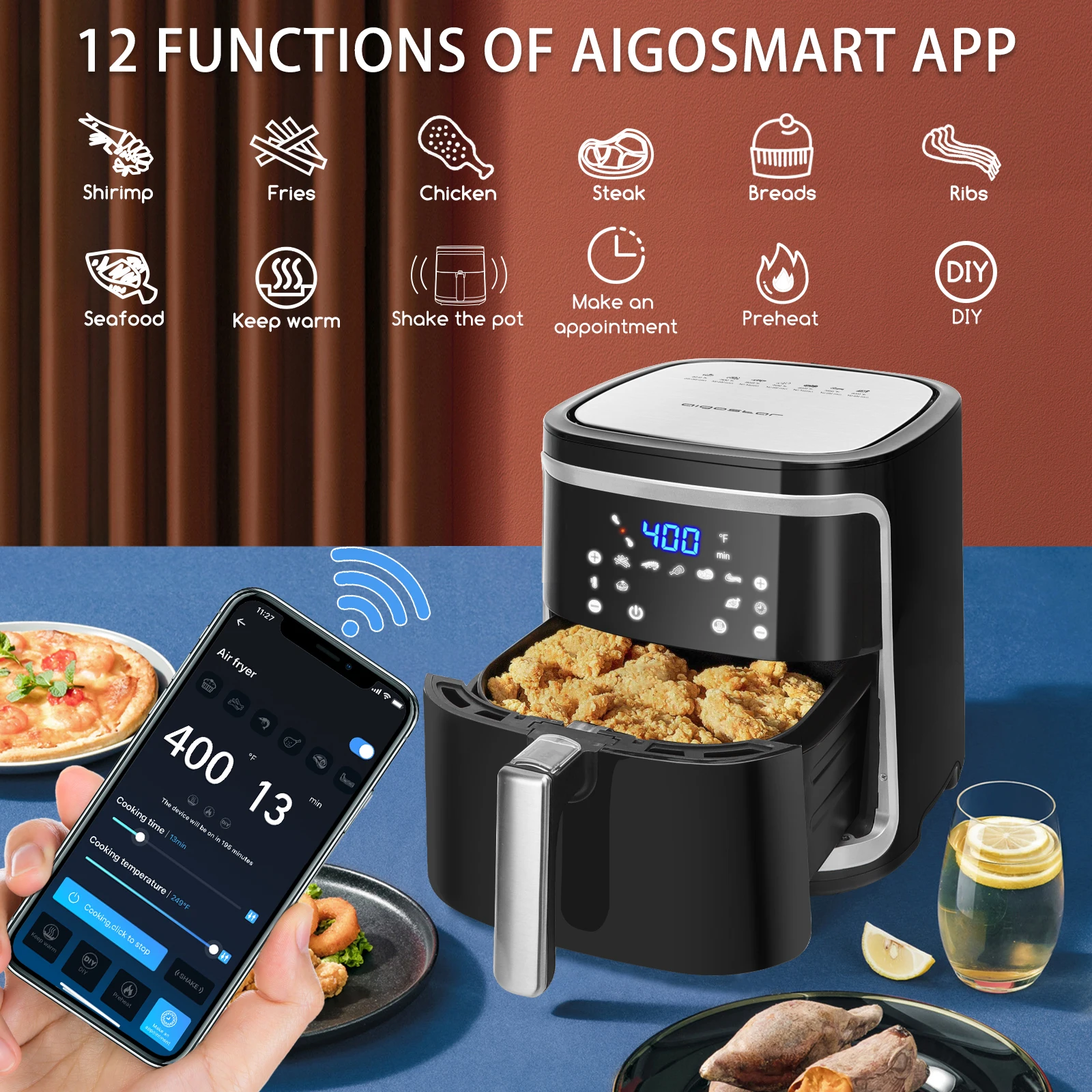 Aigostar Cube Smart 1900W 7L oil free Smart air fryer Manual mode LED touch  screen 7 preset functions + keep warm and Manual mode Wifi connection BPA