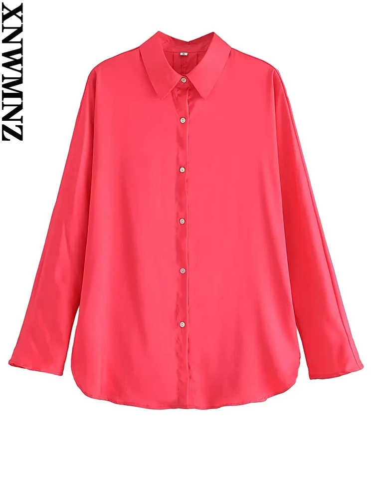 

XNWMNZ 2022 Women Fashion Autumn Oversized Satin Blouse Long Sleeve Casual Chic Female Office Lady Shirt