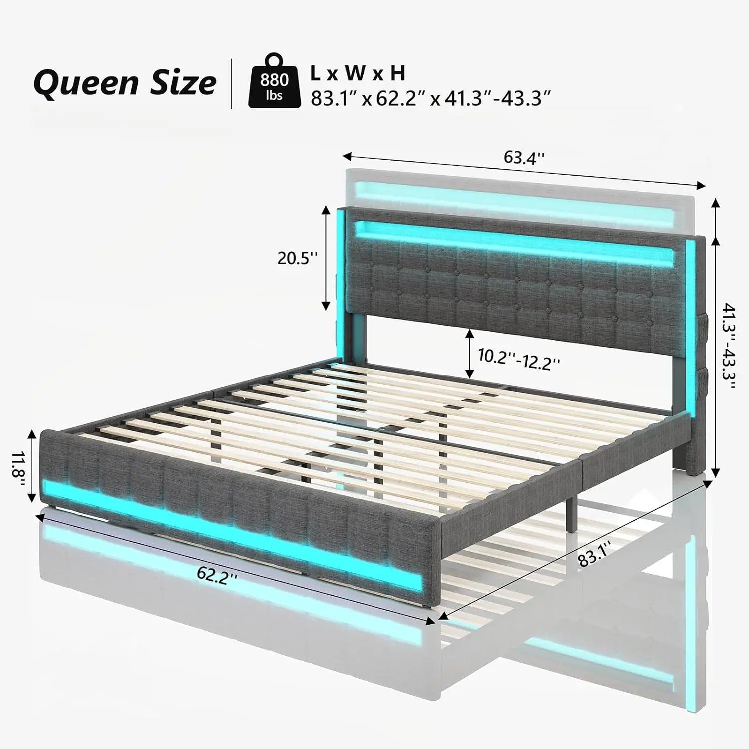 Queen Bed Frame with Adjustable Headboard & LED Lights, Upholstered Platform Bed Frame Queen Size with Type-C, Dark Grey 2