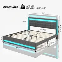 Queen Bed Frame with Adjustable Headboard & LED Lights, Upholstered Platform Bed Frame Queen Size with Type-C, Dark Grey 2