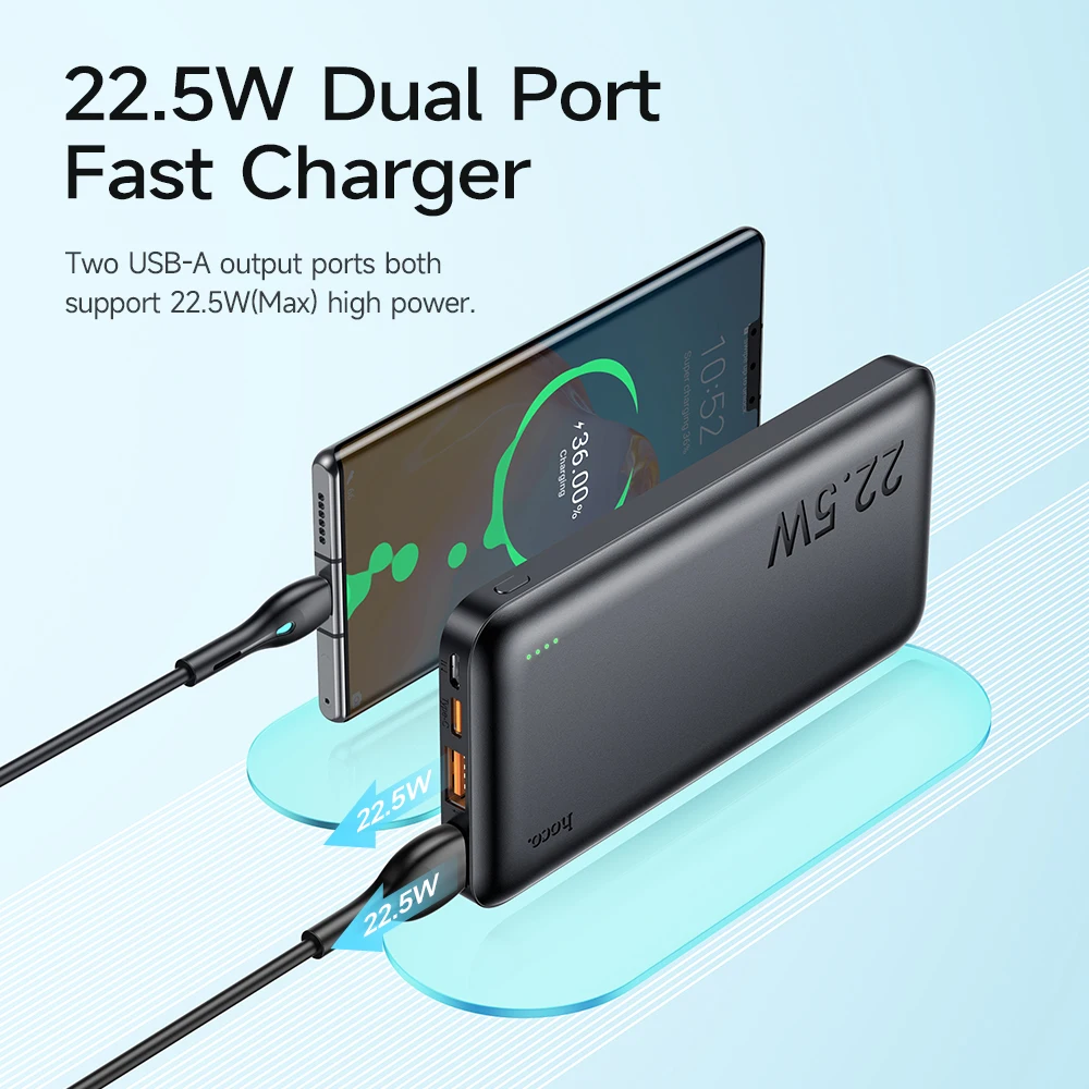 HOCO J101 22.5W 고속 충전 10000mAh 보조 배터리 (아이폰 16/15 Pro Max 울트라 슬림 PD USB C 삼성 S22 S23 호환)