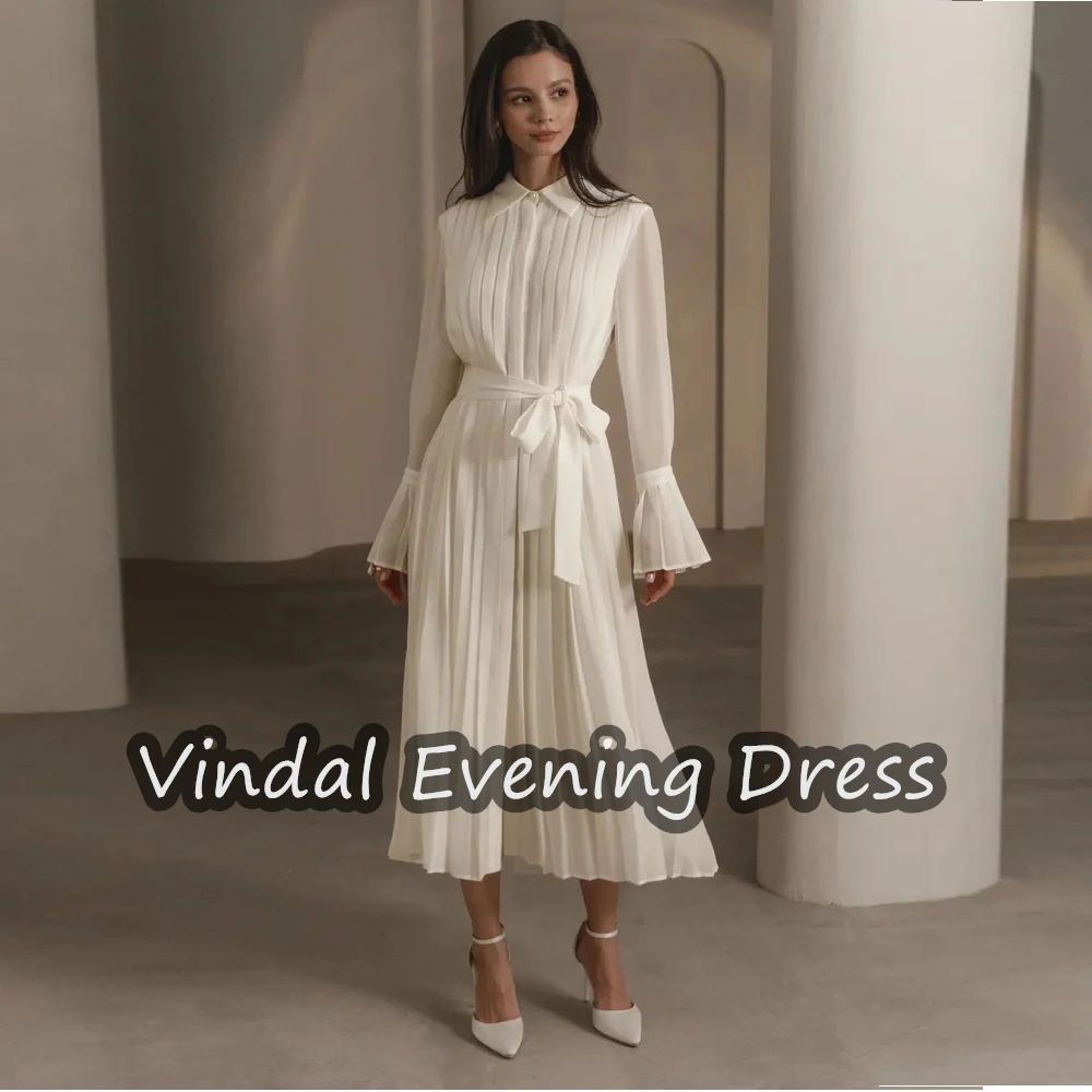 

Vindal Scoop Neckline A-Line Evening Dress Tea Length Chiffon Elegant Built-in Bra Saudi Arabia Long Sleeves For Woman 2024