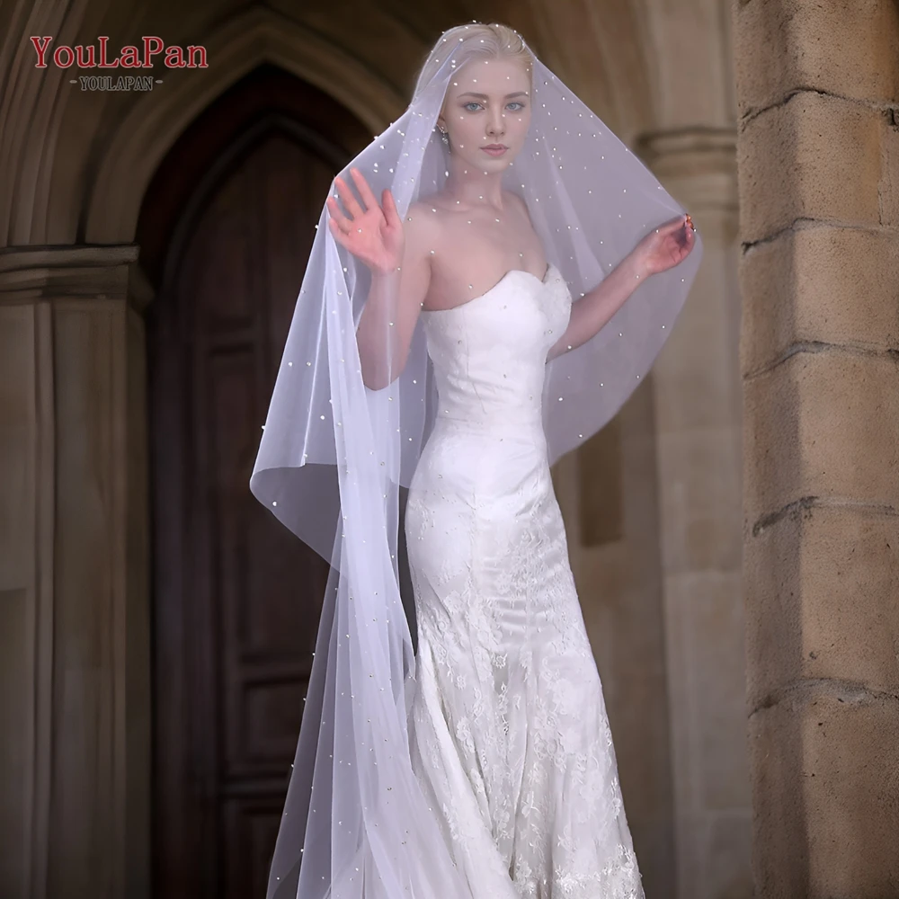 YouLaPan Bridal Veils Cathedral Length Pearls Wedding Veil Ivory White Long Wedding Veil for Girl Marriage 2021 New Arrival V08