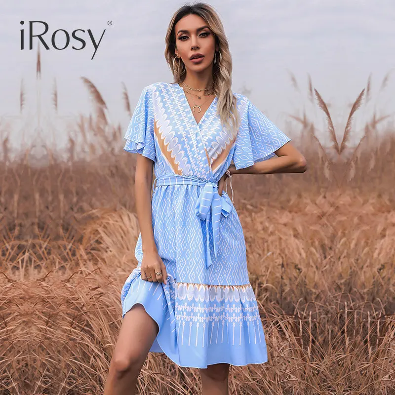 

Women's Bohemian Short Flare Sleeve Midi Dress with Lace Up Female Lightweight Blue Pink Beach Vacation Boho Print Dress Outfits