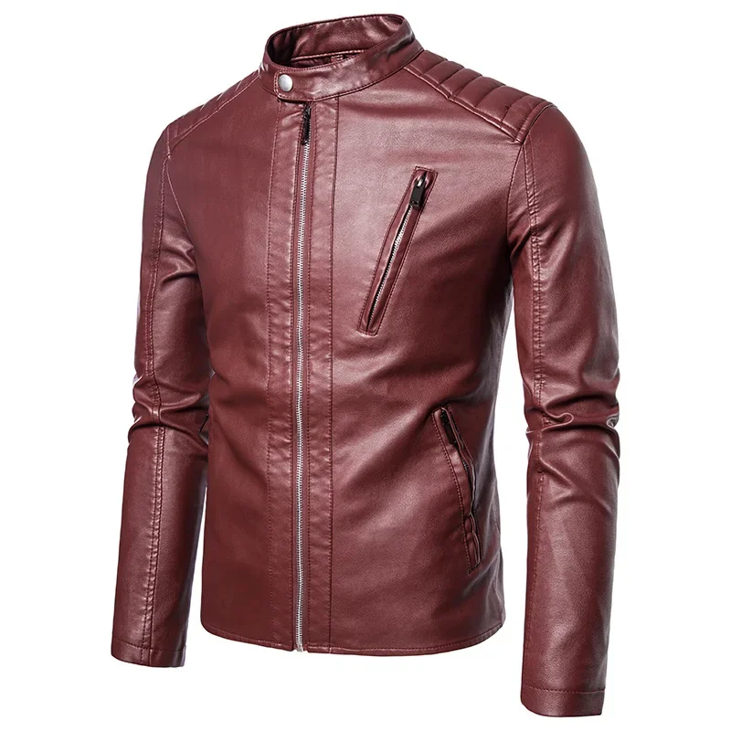Stand Collar Jackets Fashion Casual Trend White Windproof Coat Streetwear Spring Autumn Men's Motorcycle Leather Jacket Solid 4