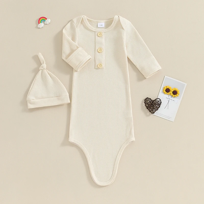 KMBANGI Newborn Baby Boys Girls Knotted Gown Hat Set Long Sleeve Button Infant Sleeper Baby Sleep Gown with Mittens