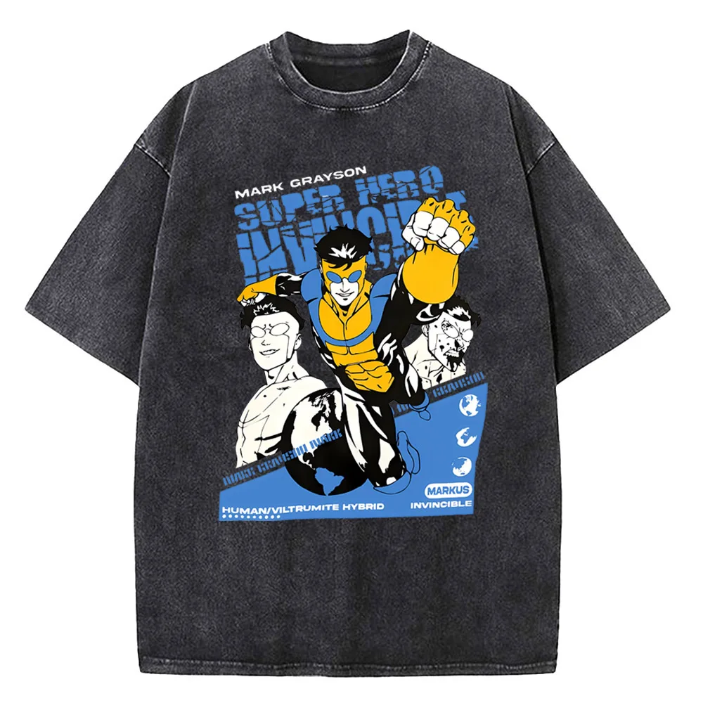 Vintage Washed Invincible Cartoon Shirt Harajuku Stil für Männer Frauen Reine hochwertige Baumwolle T-Shirts T-Shirt Kleidung – Detail 3