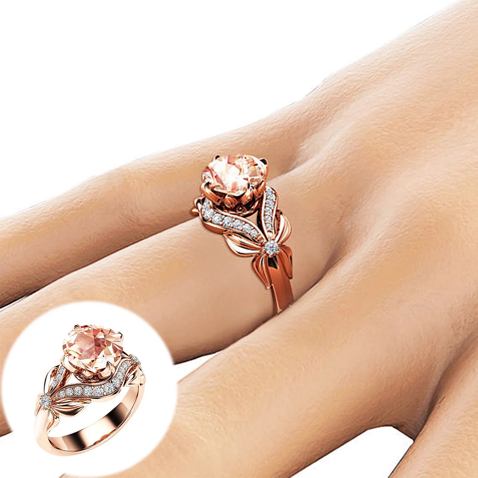 Dazzling Rose Gold Color Metal Flower Round Rose Stone Ring Luxury Party Engagement Wedding Rings for Women Jewelry 4