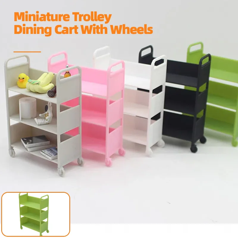 Miniature Trolley Dining Cart with Wheels - Dollhouse Furniture Display Shelf Decor Toy