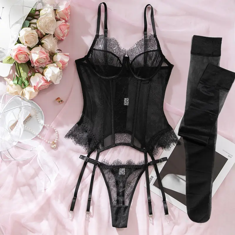 Ellolace Willowy Women's Lingerie Sets Sexy Corset Bra Thong 2PC with Stockings Sheer Outfits Sissy Girl's Intimate Underwear - Image 8