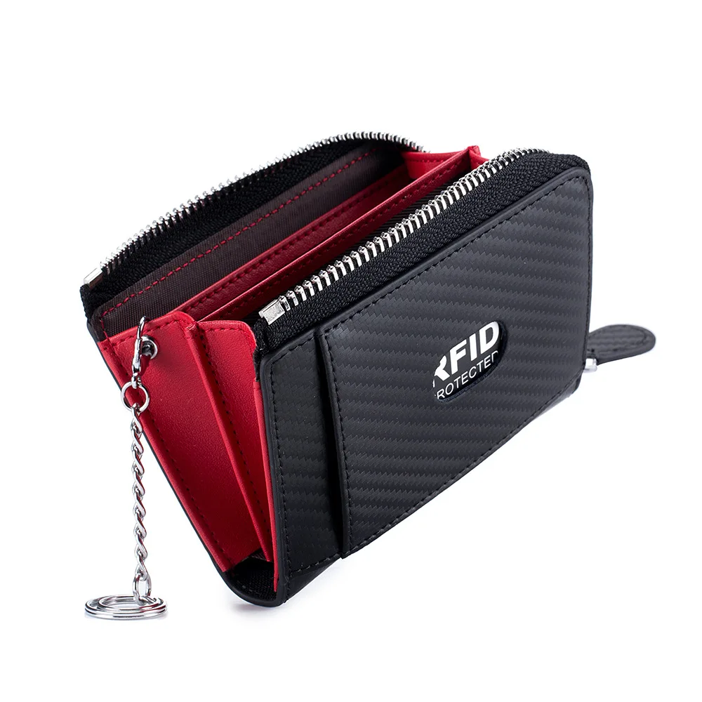 Leather Carbon Fiber Card Bag  Men's Zipper Business Card Clip Rfid Coin Purse