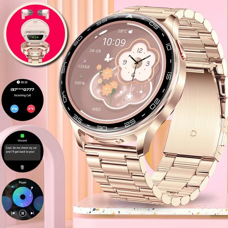 2025 New TWS Smartwatch Earphone 2 In 1 Women Watches with Earbuds Strong Sound Effects Music Lover Waterproof Ladies Smartwatch 3