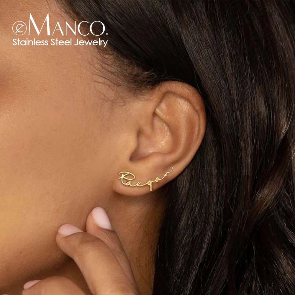 

eManco Customized Name Earrings for Women Gold Color Personalized Letter 316L Stainless Steel Stud Earrings Jewelry Gift