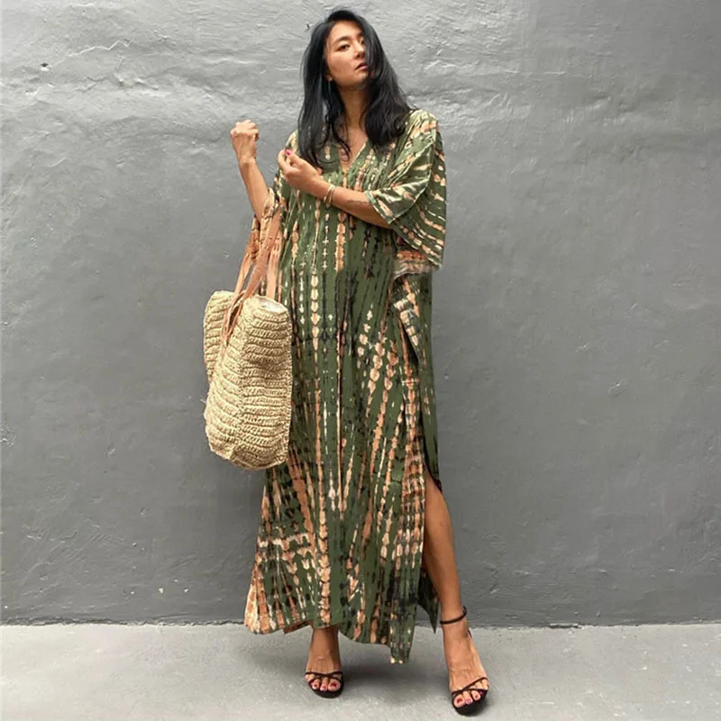 2023Summer Bohemian Striped Print Women Beach Dress Bathing Suit Cover Up Summer Tunic for Woman Beachwear Robe De Plage Kaftan