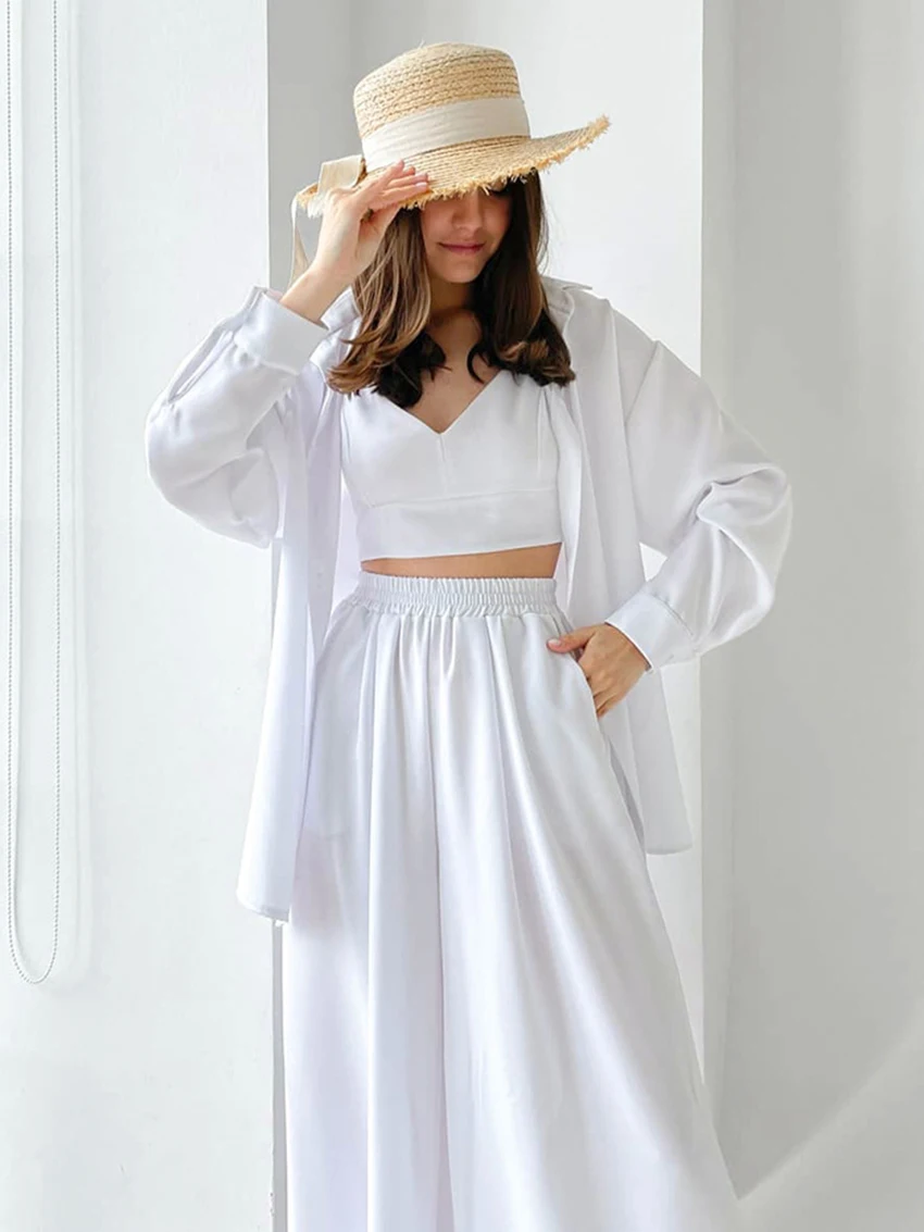 Marthaqiqi Long Sleeve Women Sleepwear 3 Piece Set Turn-Down Collar Pajamas Sexy Tank Tops Nightwear Wide Leg Pants Nightie Sets