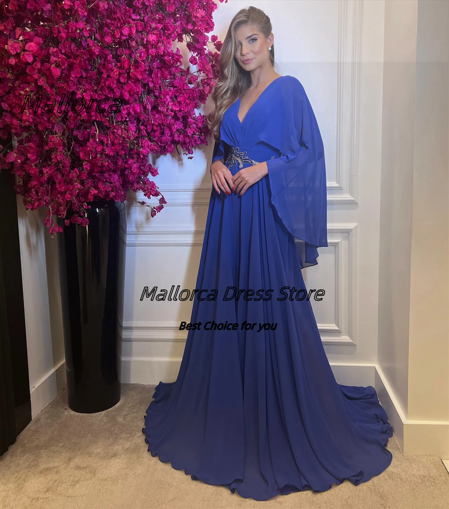 

Mallorca فستان حفلات الزفاف V Neck Wrap Evening Dresses Beaded Sash Sexy Backless Wedding Guests Special Banquet Long Prom Gowns