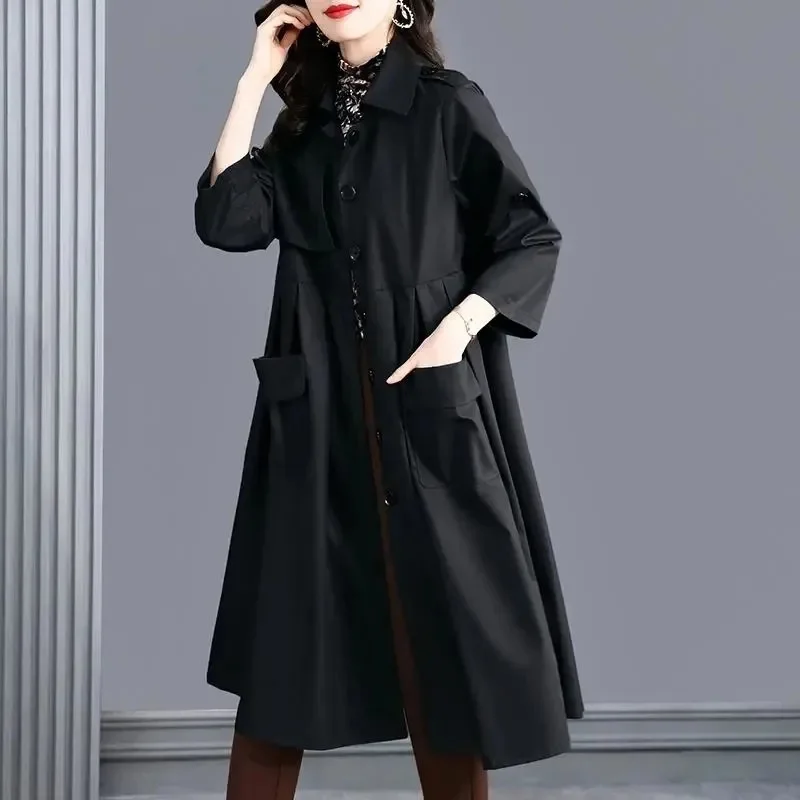 3XL Female Windbreaker Coat Women's Spring 2023 New High End Loose Style Slim Autumn Mid length Coat Women Pocket Pleating Coat