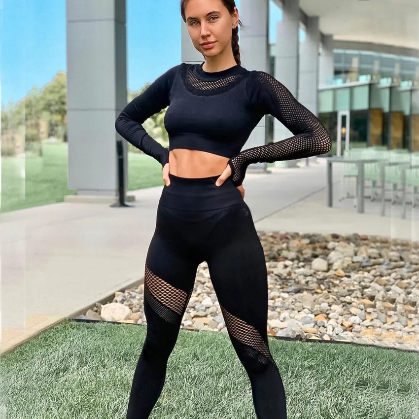 2pcs Seamless Yoga Set Sport Outfits Women Two Piece Hollow Long Sleeve Crop top Leggings Workout Wear Gym Suit Fitness Sets yoga set,gym workout set,fitness set,sports set,sportswear set