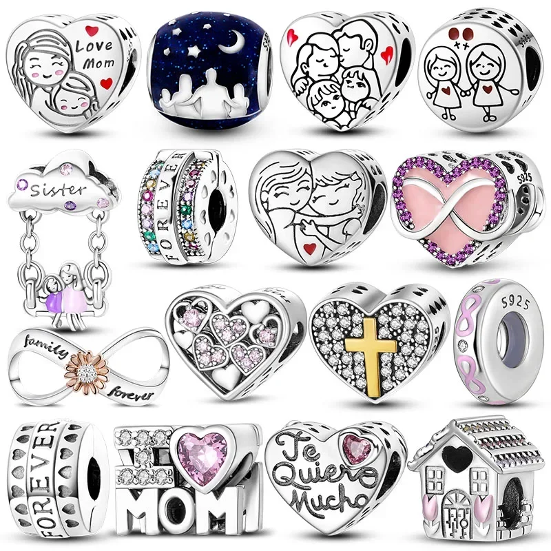 

925 Silver Family Love Charm Beads Fit Pandora Original Bracelet Diy Sister Mother Love Friendship Pendant Jewelry Making