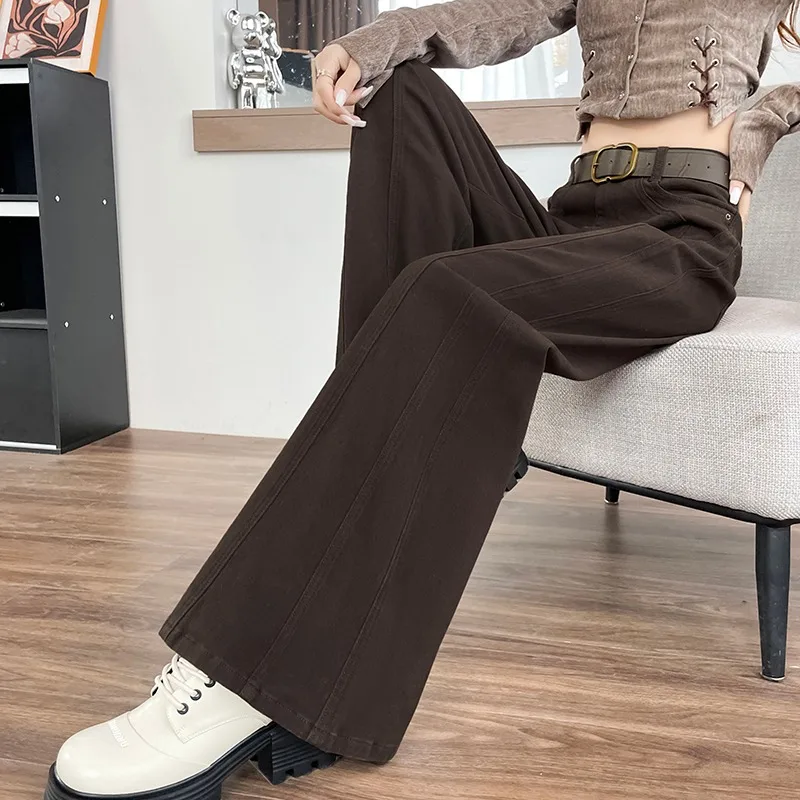 Jean décontracté pour femme Y2K, coupe large, rétro, en denim extensible, patte d'éléphant, tendance, avec ceinture, taille haute, printemps-été