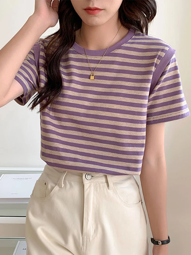 2025 New Striped T-shirts Women Top Tee Summer Cotton Short