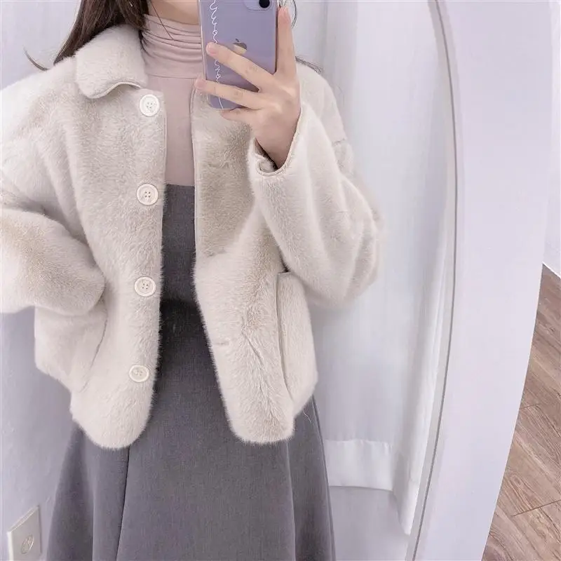 Mink Fleece Faux Fur Coat Office Lady  Korean Fashion College Girls Short Coat Autumn Winter Light Warm Design