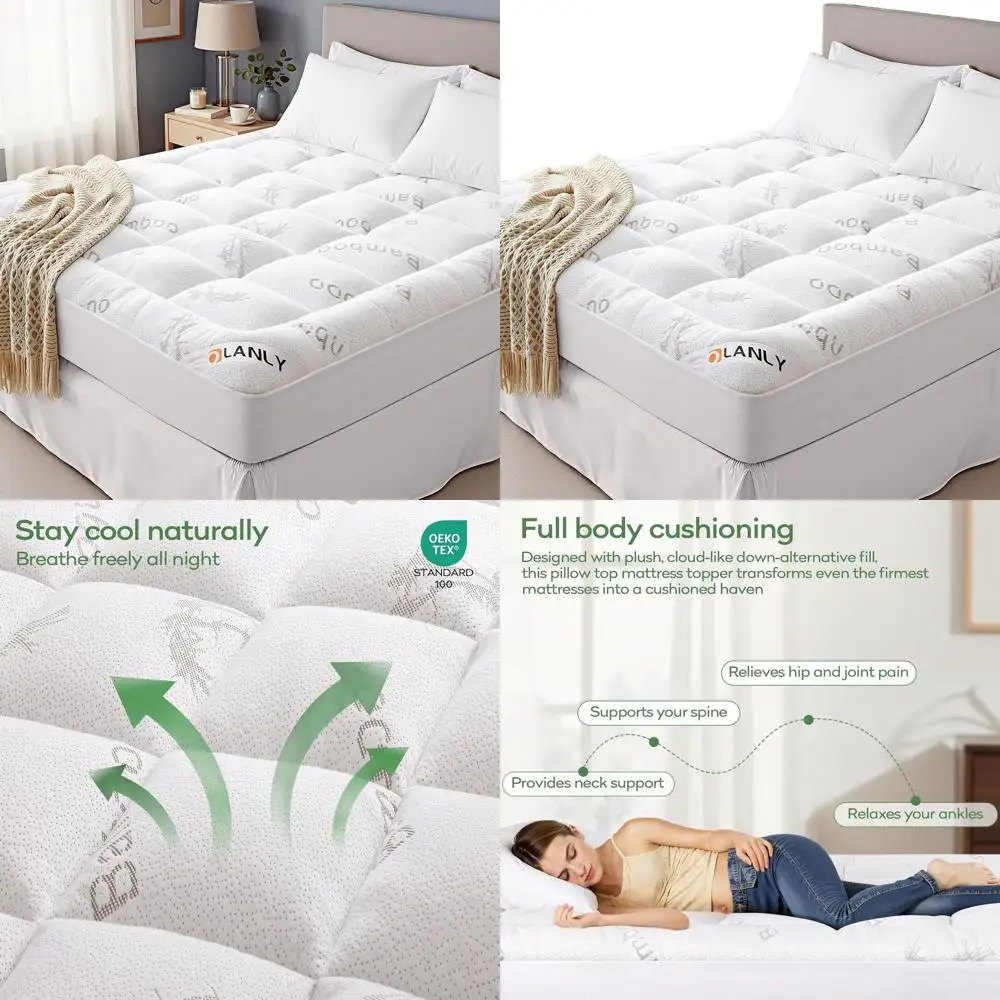 Bamboo Viscose Cooling Pillow Top Mattress Topper - Plush King Size Bed Pad for Back Pain Relief with Deep Pocket Elastic, White