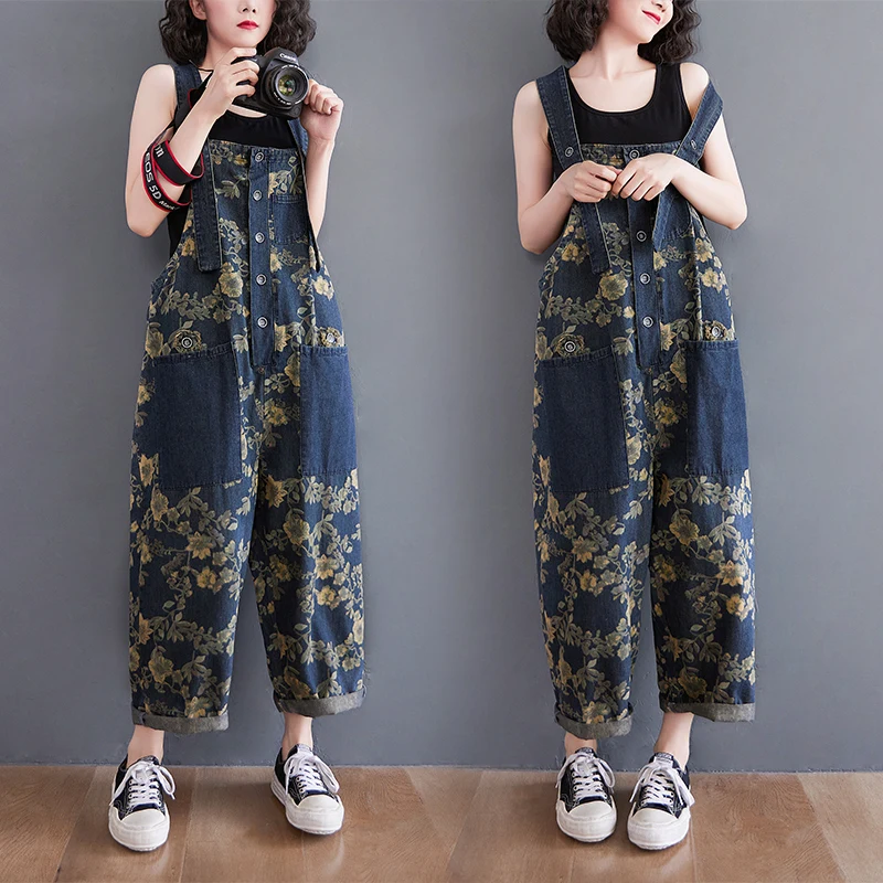 2023 Spring Print Floral Denim Jumpsuit Women Vintage Streetwear Oversized Dungarees Loose Wide Leg Overalls Straps Baggy Pants