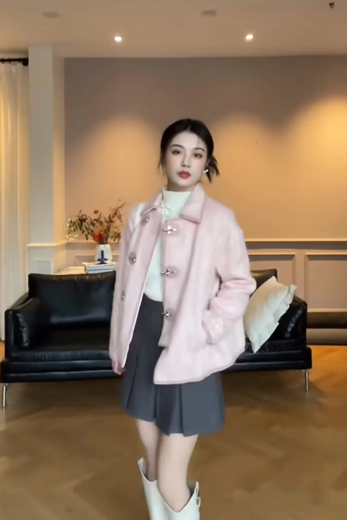 Fashion Sweet Cute Pink Long Woolen Lapel Women's Coat 2023 Autumn Winter French Style New Metal Buckle Cardigan Top