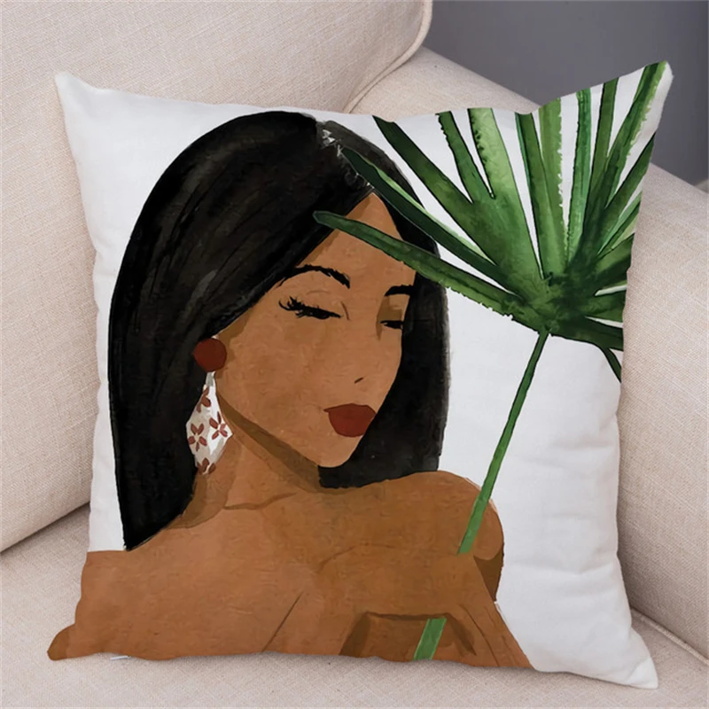 2022 Tropical Plant Soft Plush Black Africa Girl Pillow Case Linen Geometric Fashion Women Cushion Cover for Sofa Car Home Decor