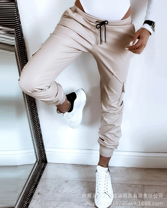Women's Summer New Fashion Casual Versatile Pants Sports Solid Color Pocket Lace Up Ankle Elastic Waist Leather Pants