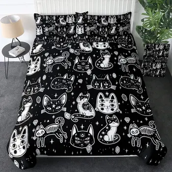 Witch Black Cat Duvet Cover Set Full,Cat Sitting on Moon Bedding Set Vintage Gothic Animals Cat Comforter Cover 2/3pcs Bed Sets 4