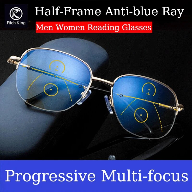 Titanium Alloy Multifocus Progressive Reading Glasses Men Women Antiblue Ray Automatic Half