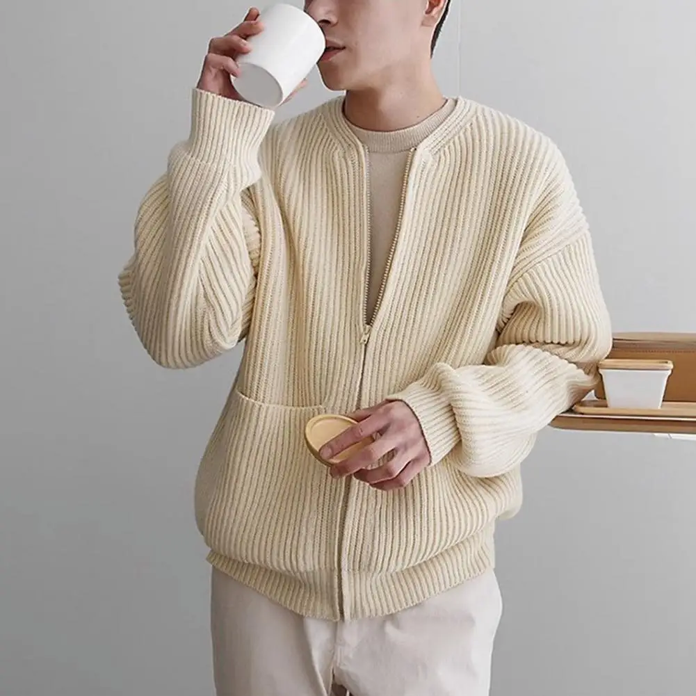 Men Autumn Winter Solid Color Cardigan Coat Collarless Long Sleeve Zipper Placket Pocket Knitted Sweater Coat knitted cardigan knitted sweater coat sweater coats fleece cardigan